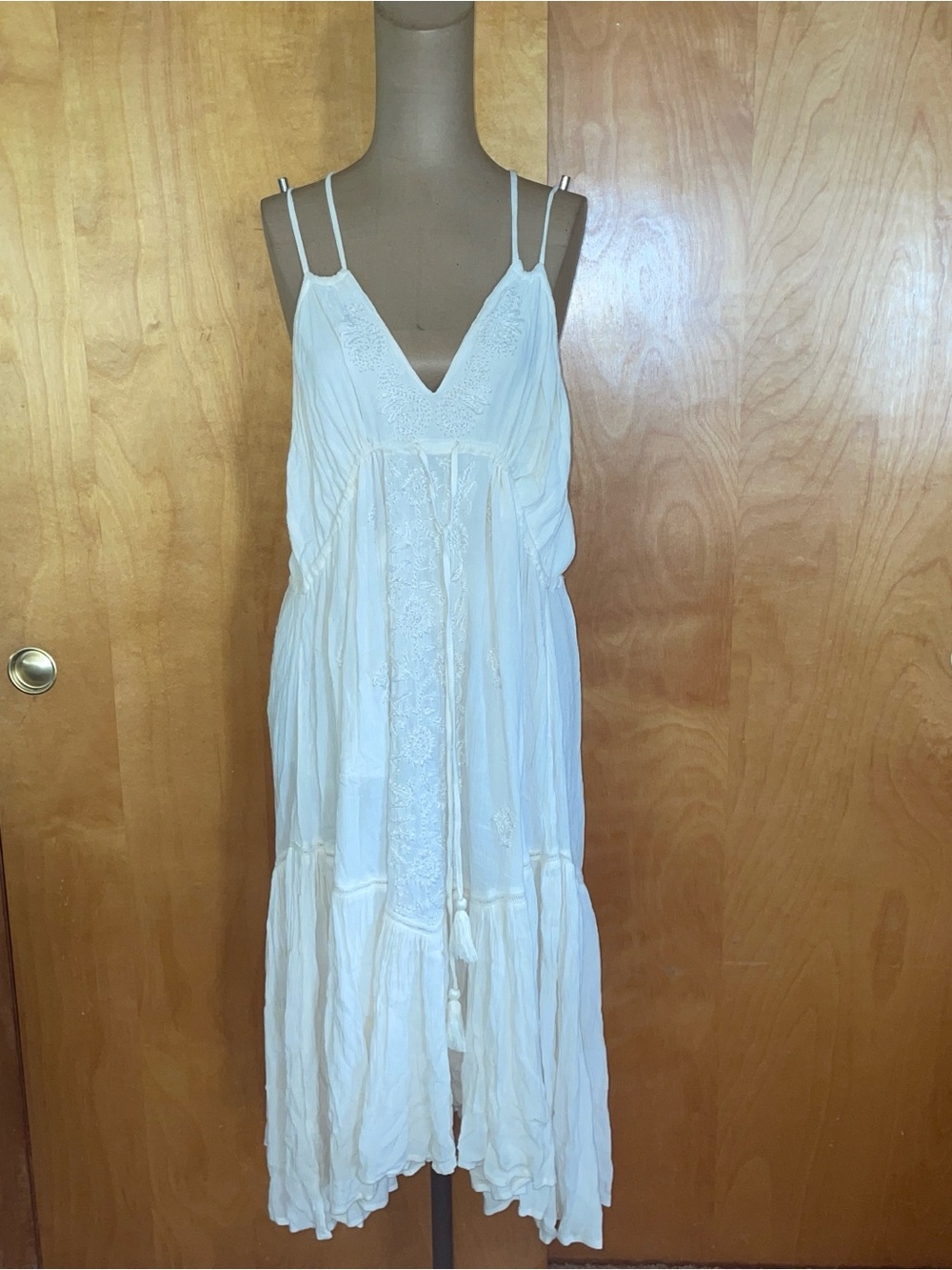 RAGA Cream Tiered Midi Dress with Lace Panel